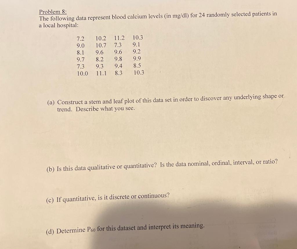 Solved Problem 8: The following data represent blood calcium | Chegg.com