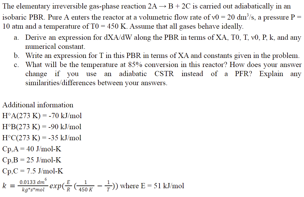 Solved The Elementary Irreversible Gas-phase Reaction 2A →B+ | Chegg.com