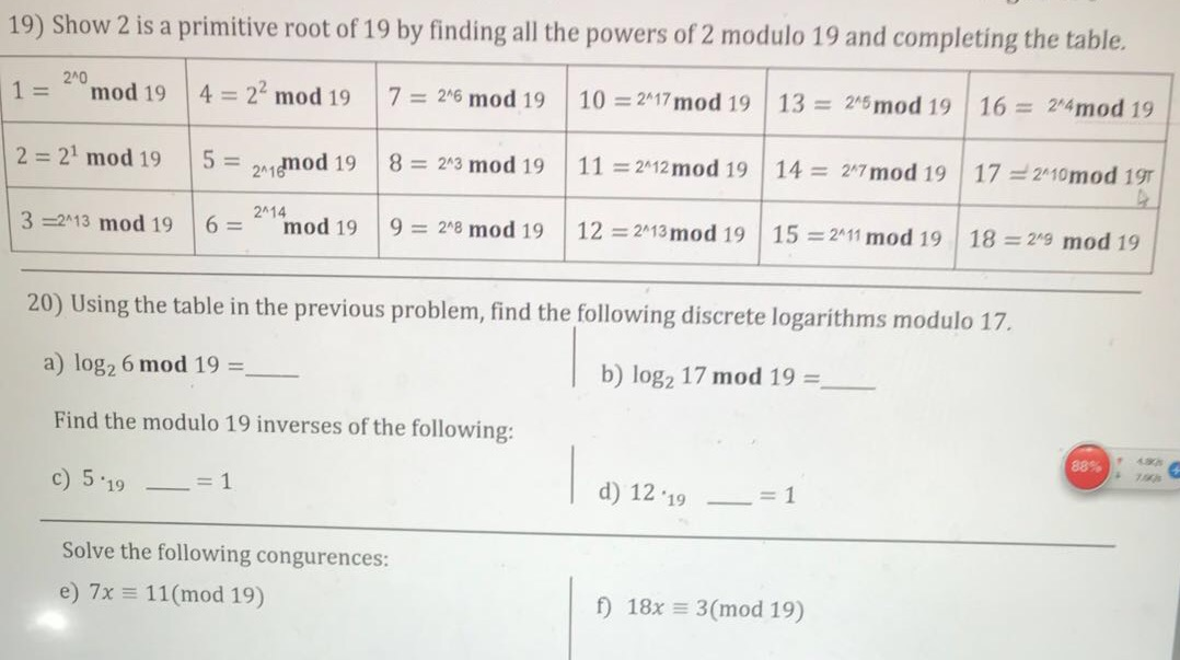 Solved 19) Show 2 is a primitive root of 19 by finding all