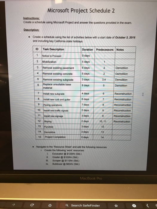 Solved Microsoft Project Schedule 2 Create a schedule using | Chegg.com