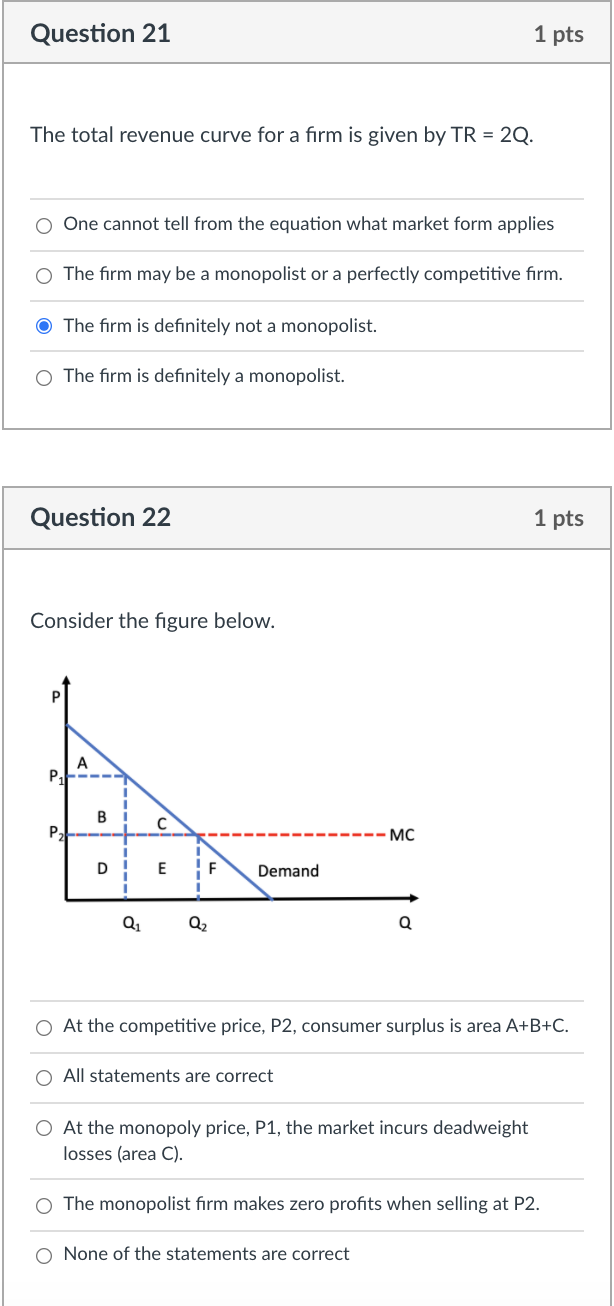 Solved Question 21 1 pts The total revenue curve for a firm | Chegg.com