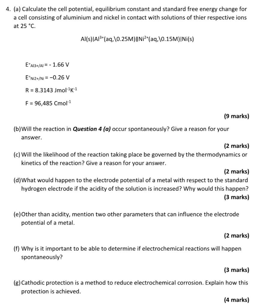 Solved 4. (a) Calculate the cell potential, equilibrium