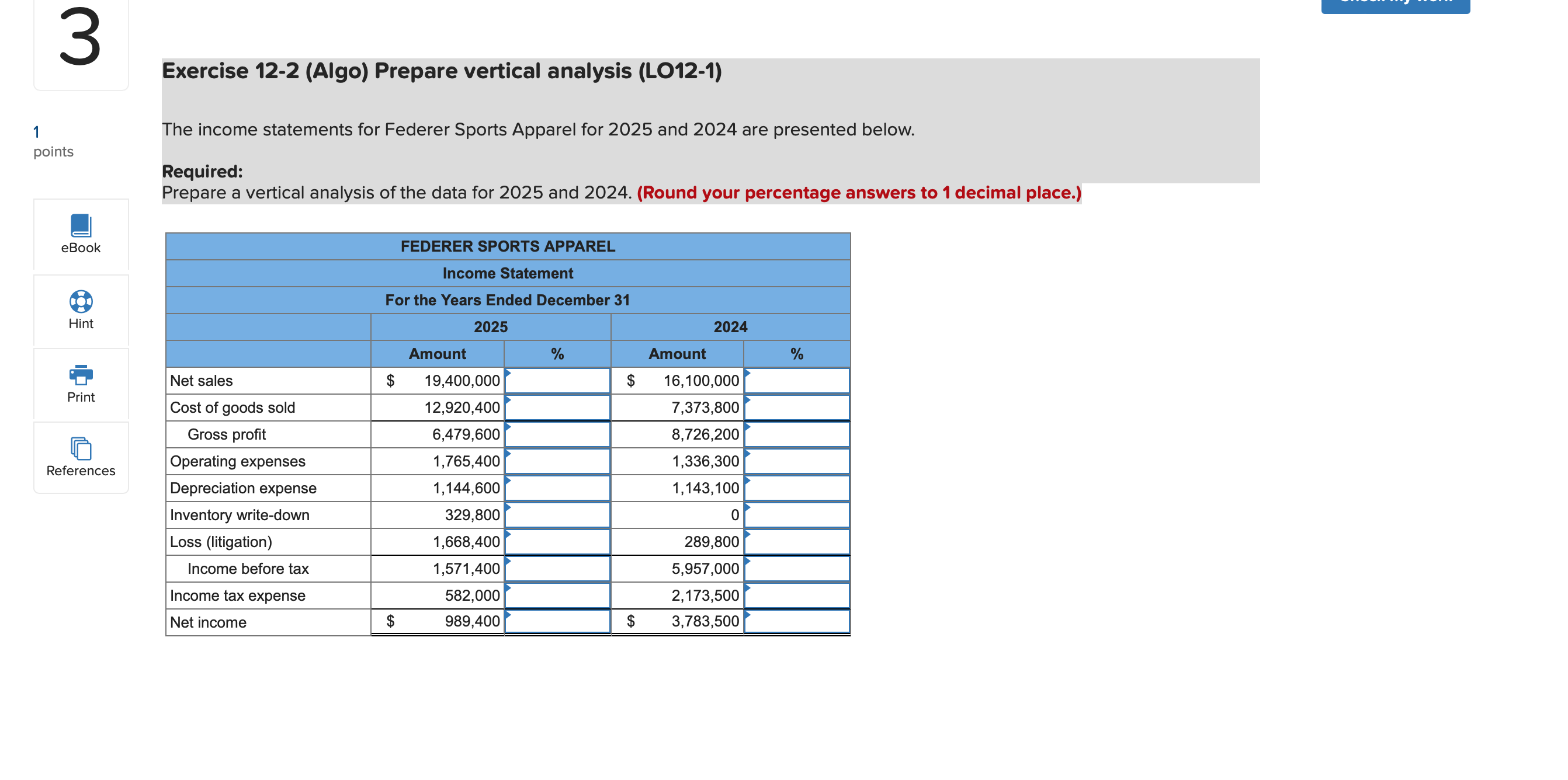 Solved Exercise 122 (Algo) Prepare vertical analysis