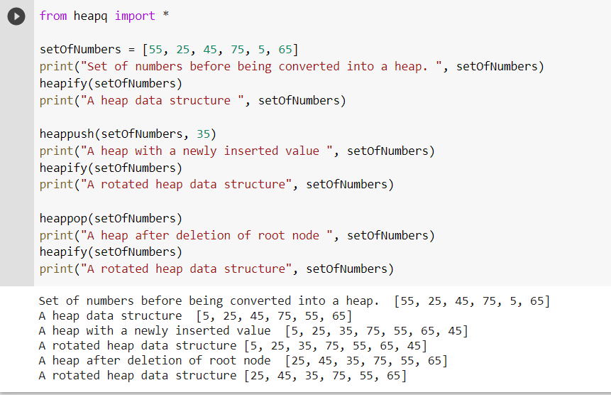 Solved from heapq import * setofNumbers = [55, 25, 45, 75, | Chegg.com