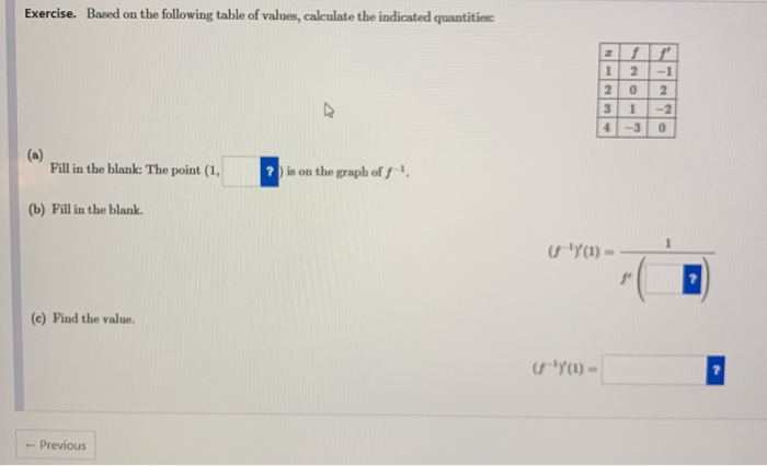 Solved Exercise. Based on the following table of values, | Chegg.com