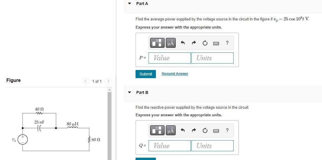 Find the average power supplied by the voltage source in the circuit in the figure if \( v_{g}=25 \cos 10^{6} t \mathrm{~V} \