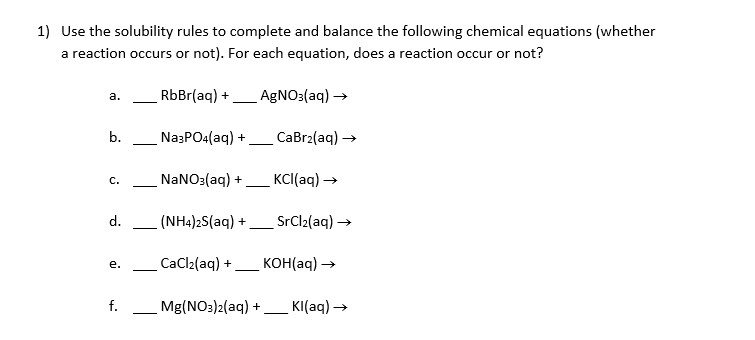 Solved 1) Use the solubility rules to complete and balance | Chegg.com