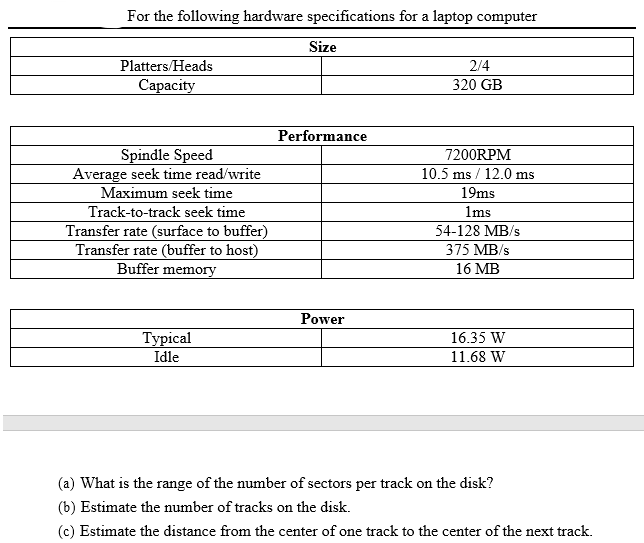 For the following hardware specifications for a | Chegg.com