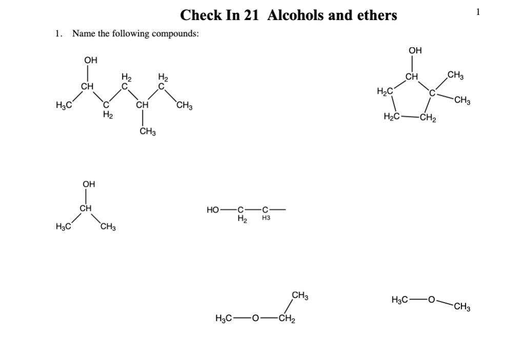 Solved Check In 21 Alcohols And Ethers 1. Name The Following | Chegg.com