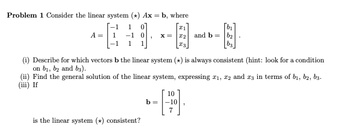 Solved Problem 1 Consider The Linear System (*) Ax = B, | Chegg.com