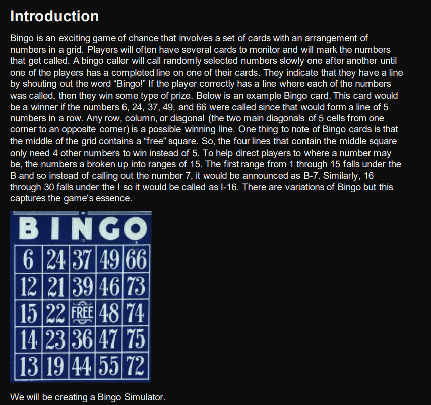 Solved Introduction Bingo is an exciting game of chance that