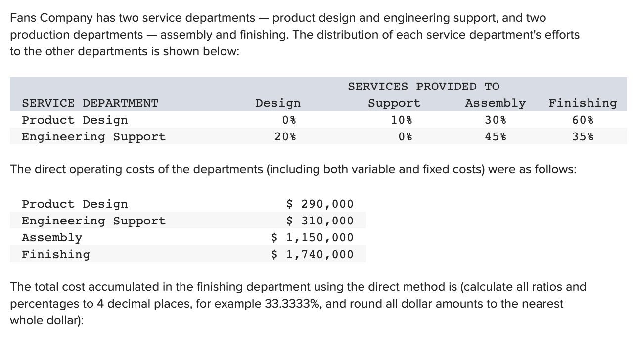 Solved Fans Company has two service departments product