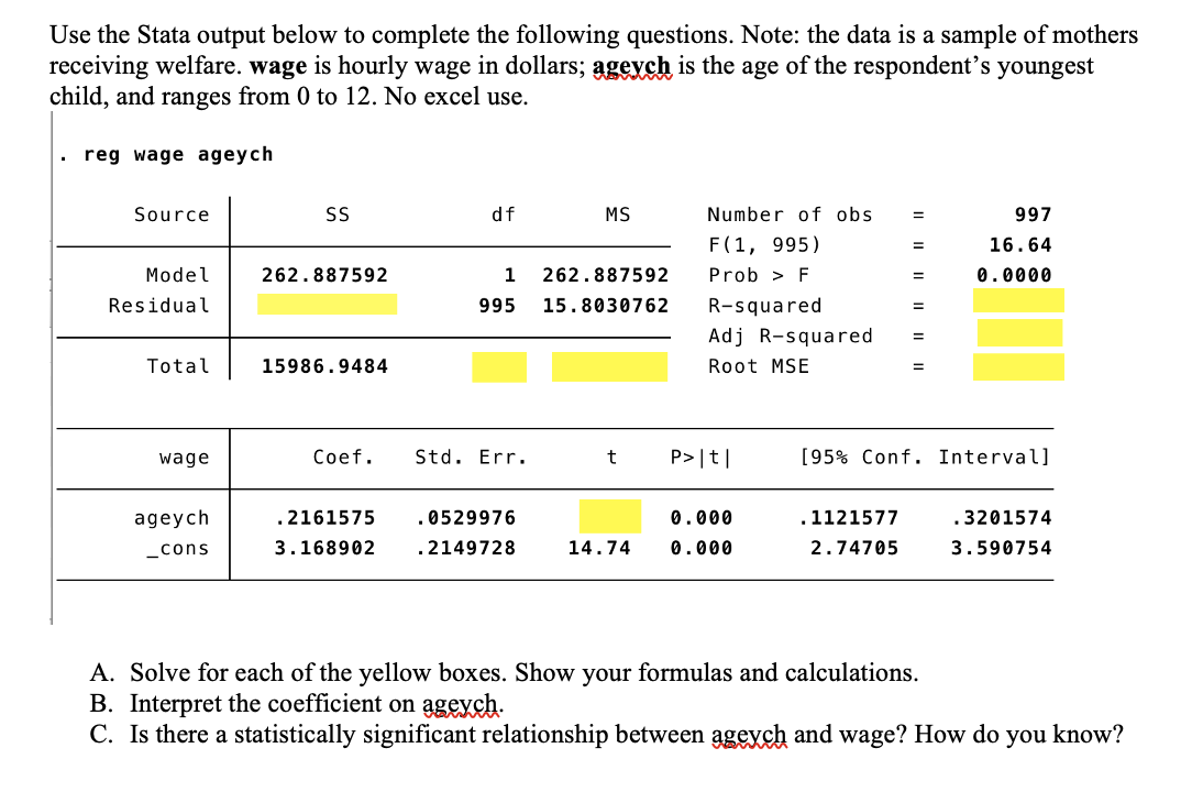 Solved Use The Stata Output Below To Complete The Following | Chegg.com