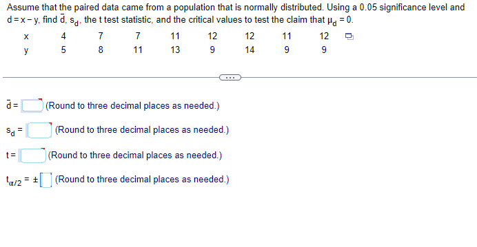 Solved Assume that the paired data came from a population | Chegg.com