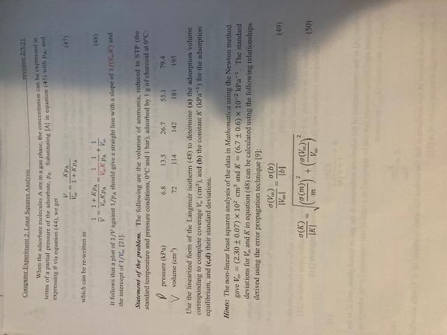 Use The Linearized Form Of The Langmuir Isotherm 48 Chegg Com