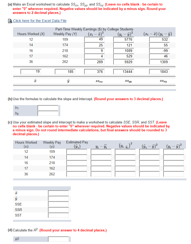 Solved: (a) Make An Excel Worksheet To Calculate SSx, SSyy... | Chegg.com