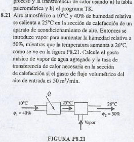 proceso y la transferencia de calor usando a) la tabla psicrométrica y b) el programa TK. 8.21 Aire atmosférico a 10°C y 40%