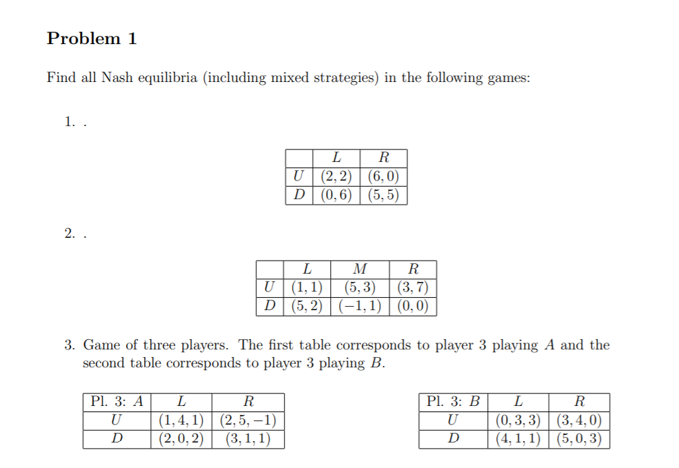 Solved Problem 1 Find all Nash equilibria (including mixed | Chegg.com