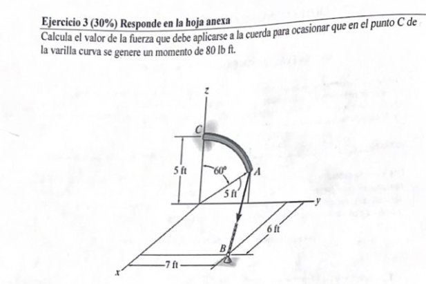 Ejercicio \( 3(30 \%) \) Responde en la hoja anexa Calcula el valor de la fuerza que debe aplicarse a la cuerda para ocasiona