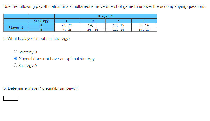 Solved Use the following payoff matrix for a | Chegg.com
