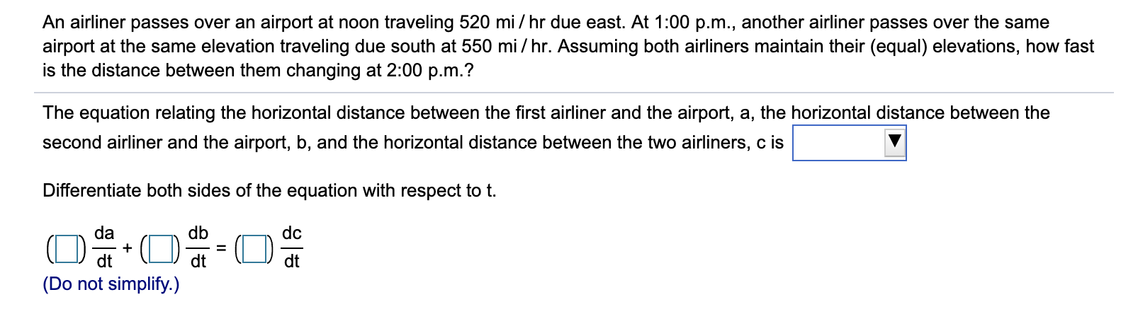 Solved An airliner passes over an airport at noon traveling | Chegg.com