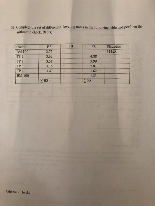 Solved 5) Complete the set of differential leveling notes in