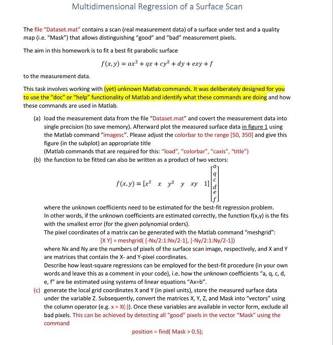 Multidimensional Regression of a Surface Scan The | Chegg.com