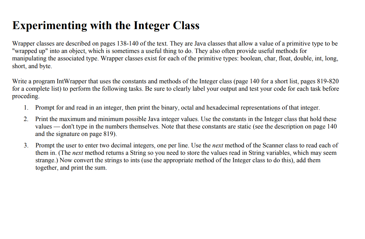 Solved Experimenting with the Integer Class Wrapper classes | Chegg.com
