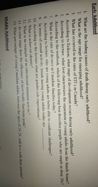 Solved Early Adulthood 1 What Are The Leading Causes Of Chegg
