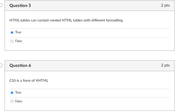 Solved Question 5 2 pts HTML tables can contain nested HTML | Chegg.com