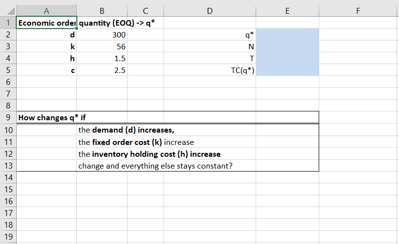 Solved E F q* 3 4 A B C D 1 Economic order quantity (EOQ) | Chegg.com