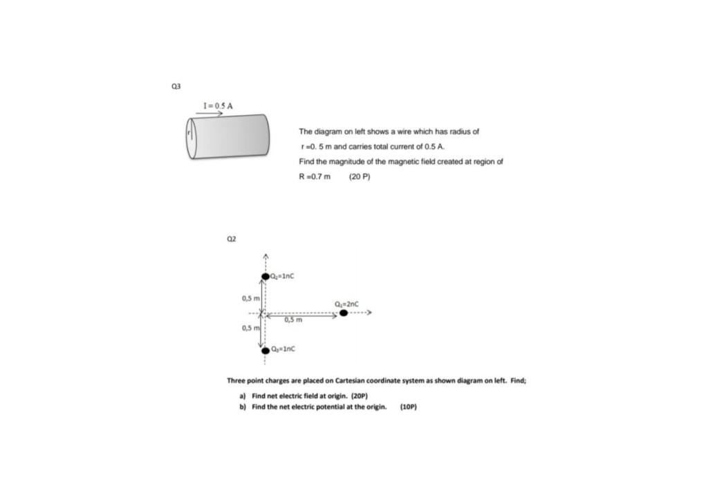 Q3
1=0.5 A
Q2
The diagram on left shows a wire which has radius of
r=0.5 m and carries total current of 0.5 A.
Find the magni