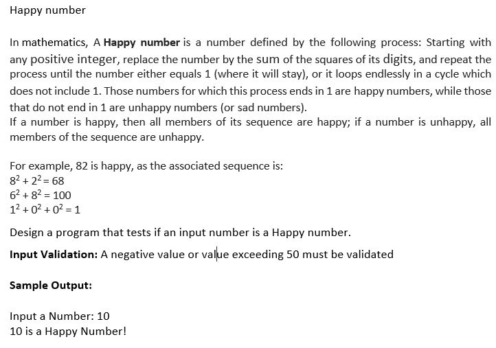 Solved Happy number In mathematics, A Happy number is a | Chegg.com