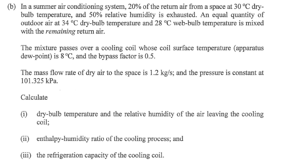 Solved (b) In a summer air conditioning system, 20% of the | Chegg.com