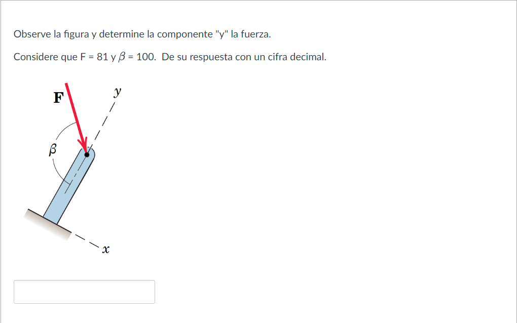 Observe la figura y determine la componente y la fuerza. Considere que \( \mathrm{F}=81 \) y \( \beta=100 \). De su respues