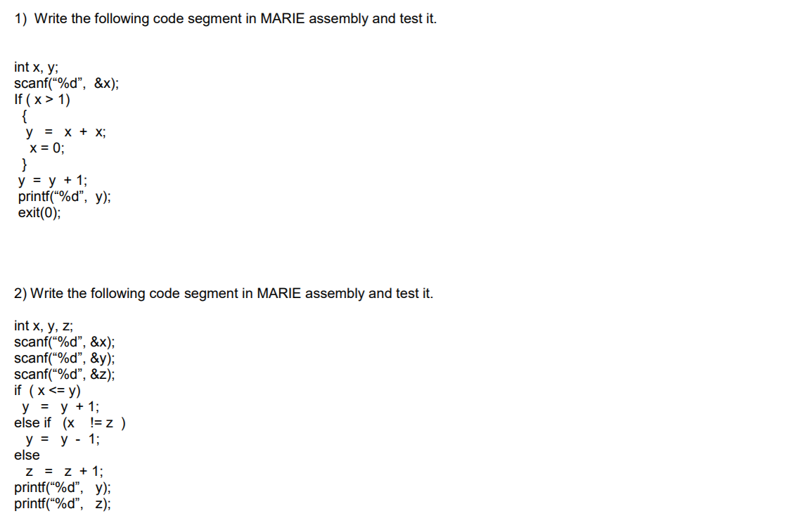 1 Write The Following Code Segment In Marie Assembly 