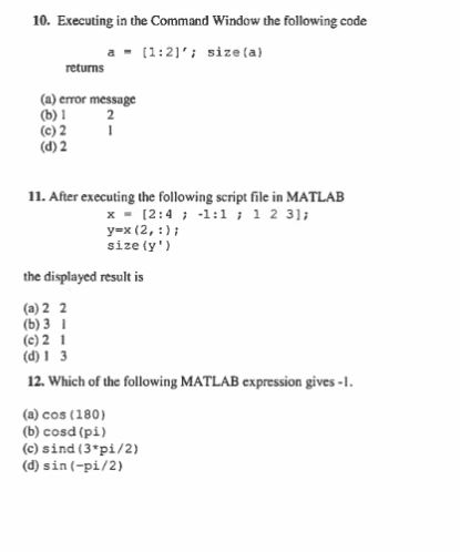 Solved 10. Executing in the Command Window the following | Chegg.com