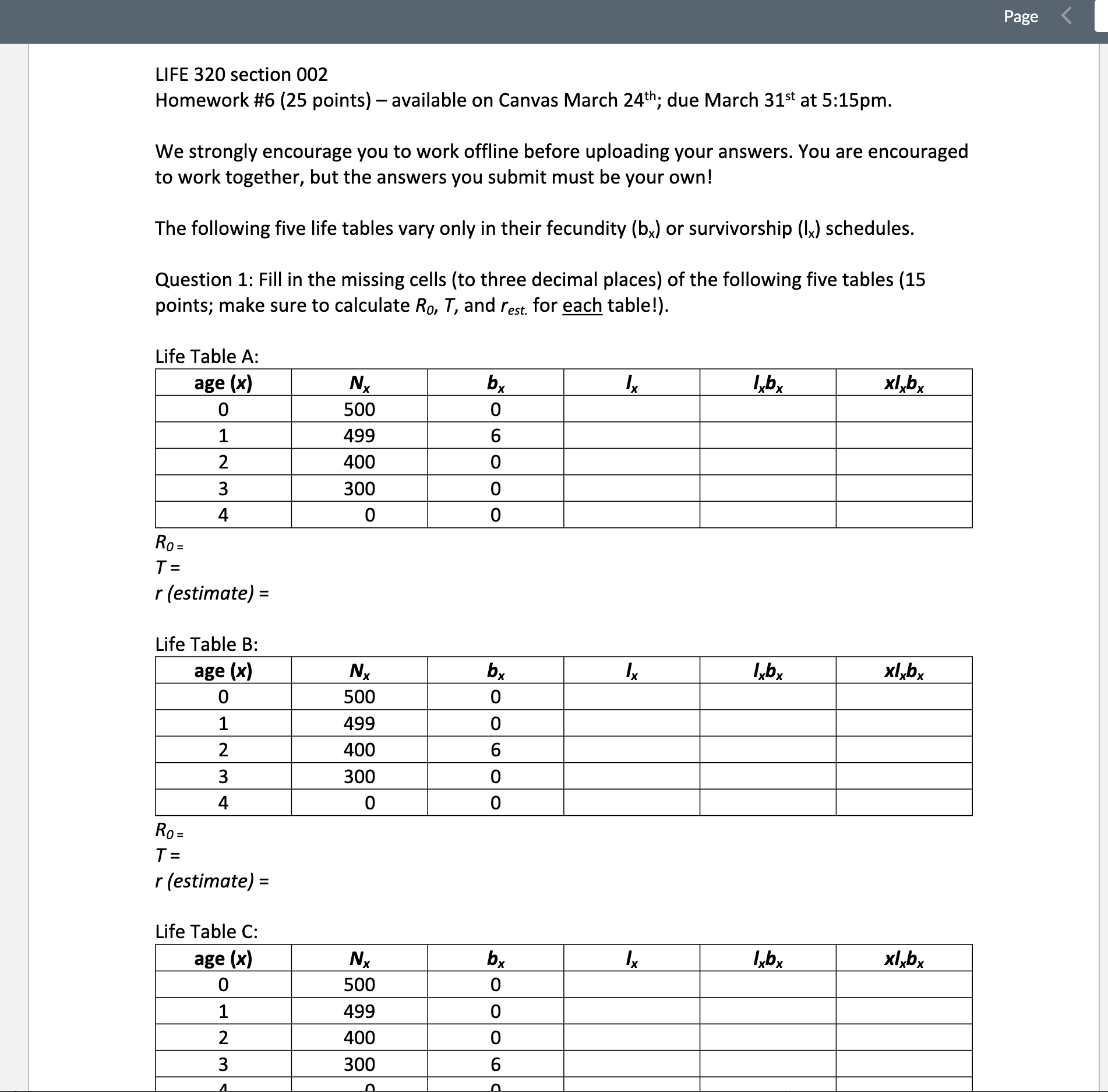 LIFE 320 section 002 Homework \#6 (25 points) - | Chegg.com