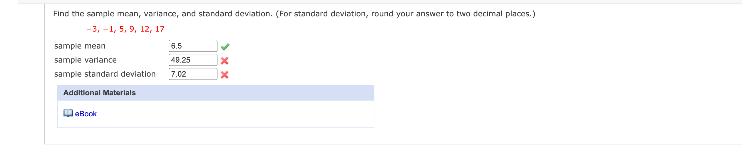Solved Find the sample mean, variance, and standard | Chegg.com