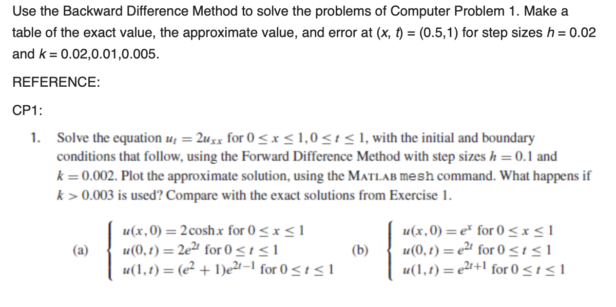 Use the Backward Difference Method to solve the | Chegg.com