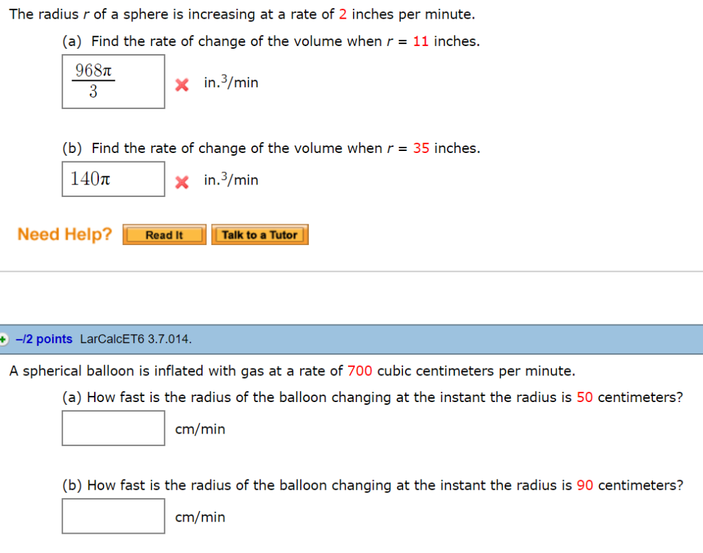 Solved The radius r of a sphere is increasing at a rate of 2 | Chegg.com