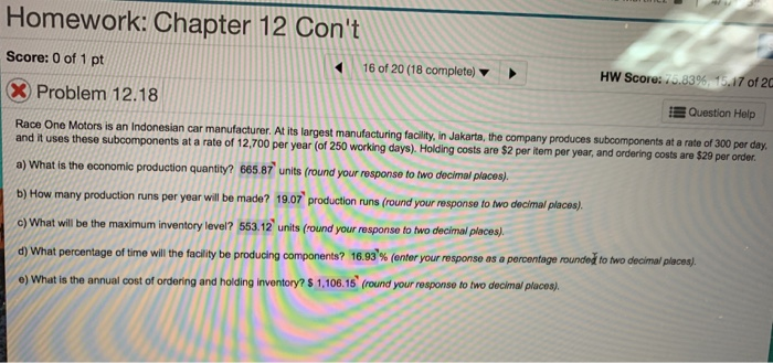 Solved Homework: Chapter 12 Con't Score: 0 of 1 pt 16 of 20 | Chegg.com
