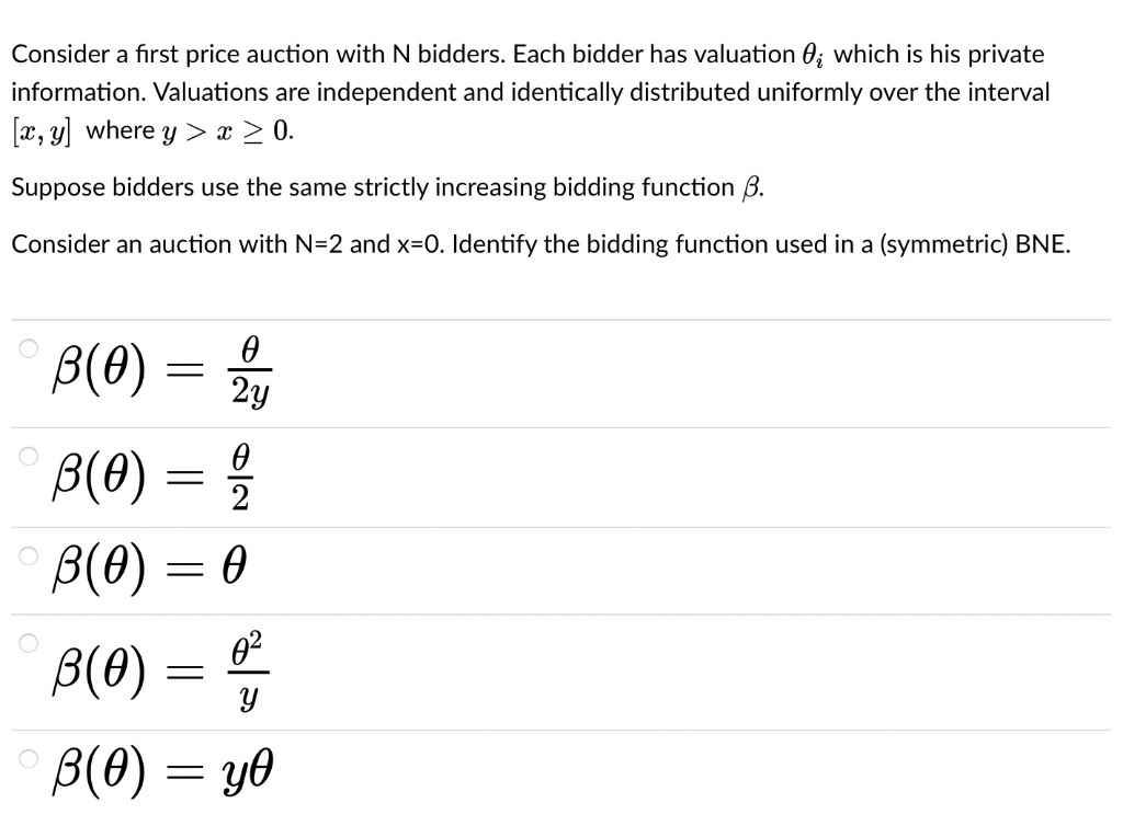 Solved Consider a first price auction with N bidders. Each | Chegg.com