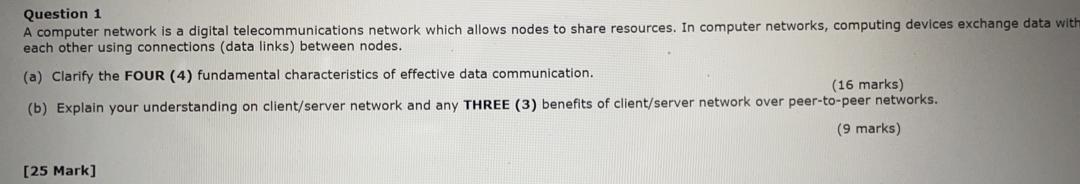 Solved Question 1 A computer network is a digital | Chegg.com