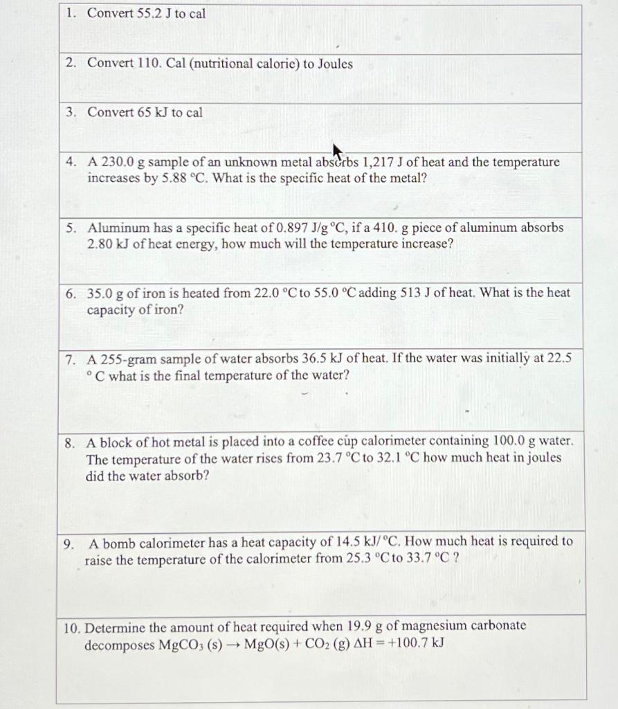 Solved 2. Convert 110. Cal (nutritional calorie) to Joules