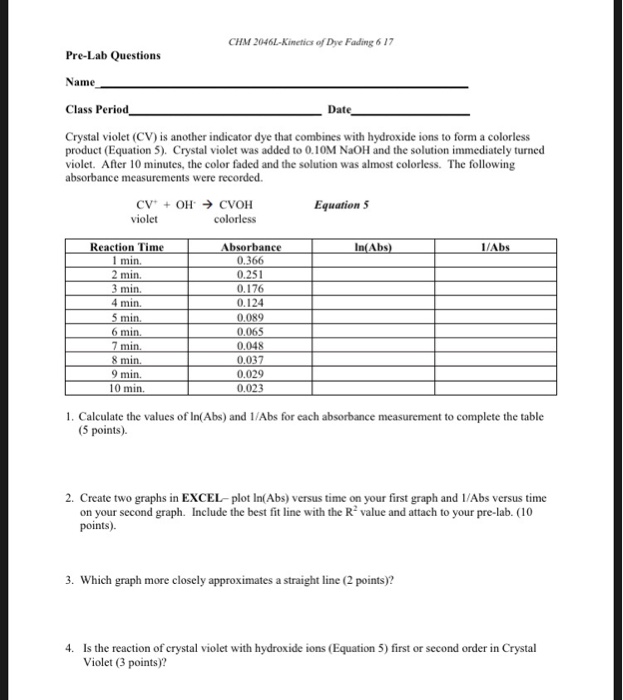 Solved CHM 2046L-Kinetics of Dye Fading 6 17 Pre-Lab | Chegg.com