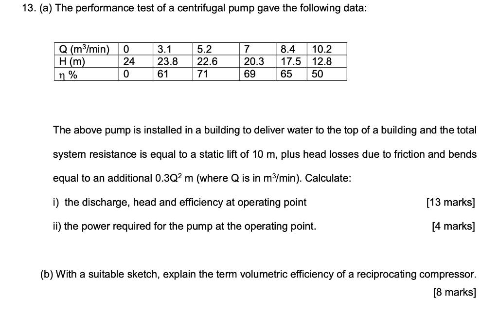 Solved 13. (a) The performance test of a centrifugal pump | Chegg.com