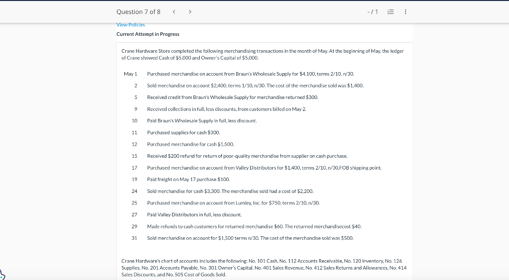 Solved Crane Hardware Store completed the following