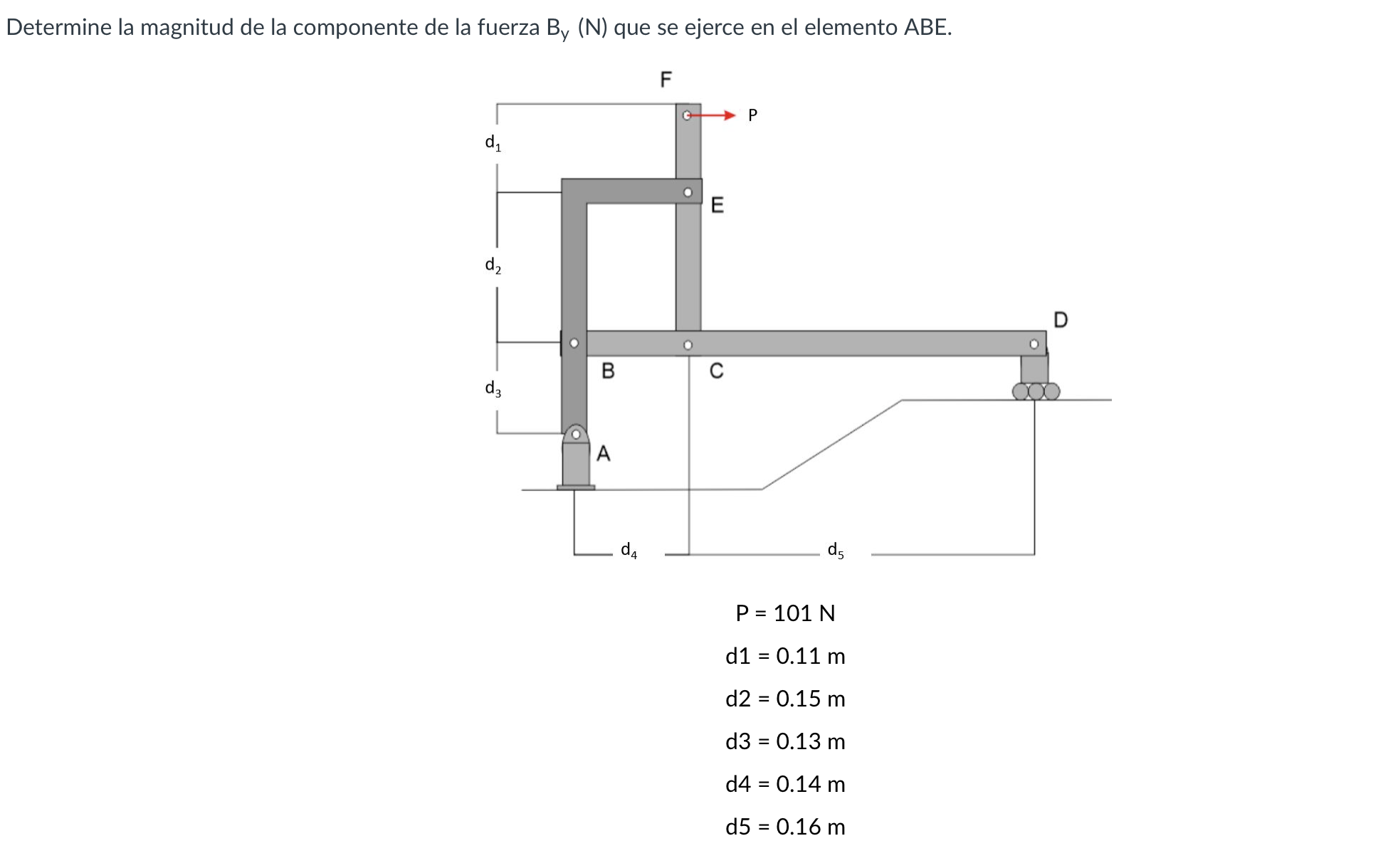 Determine la magnitud de la componente de la fuerza \( B_{y}(N) \) que se ejerce en el elemento \( A B E \). \[ \begin{aligne