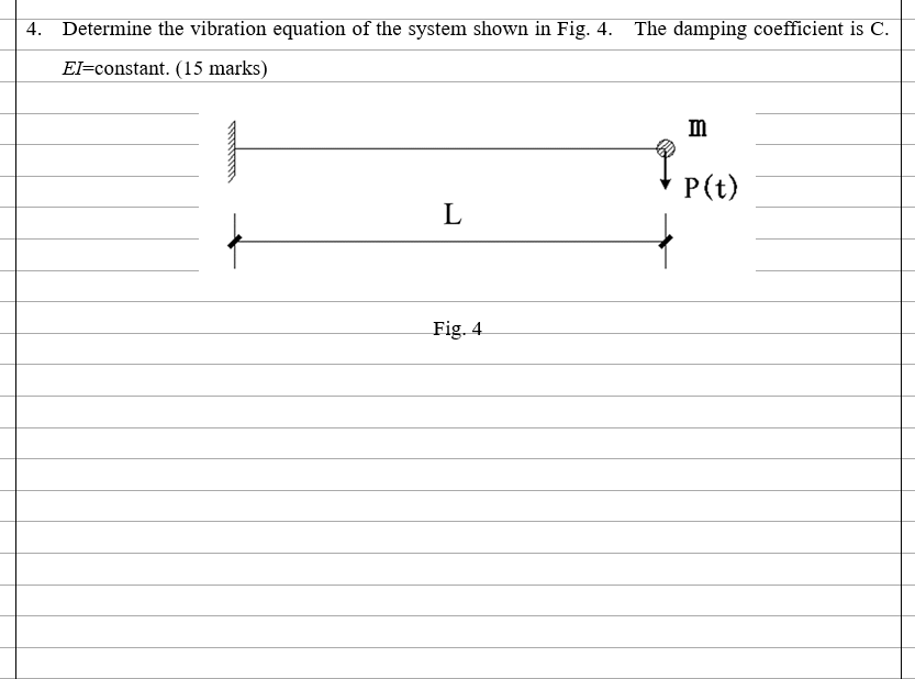 4. Determine the vibration equation of the system shown in Fig. 4. The damping coefficient is C. \( E I= \) constant. (15 mar